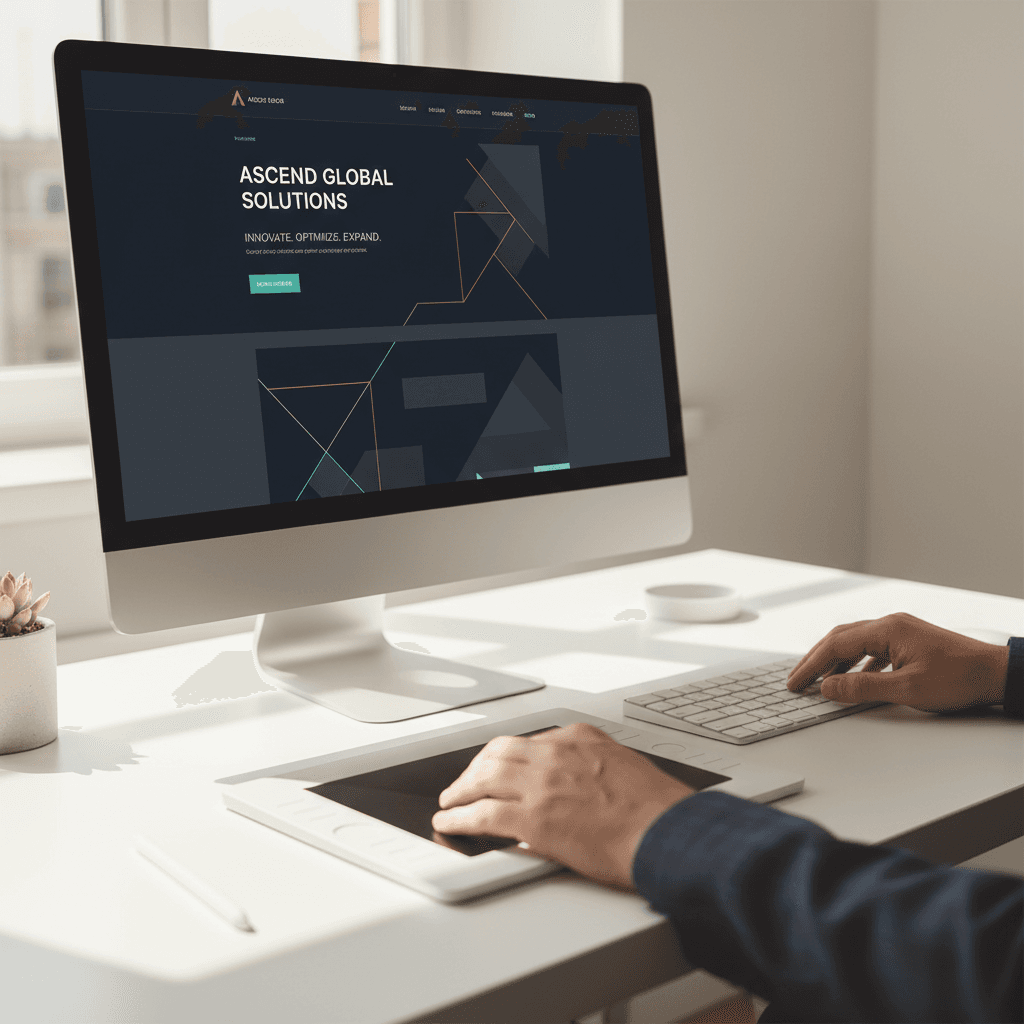 Designer reviewing a custom mobile-first website design on a desktop monitor