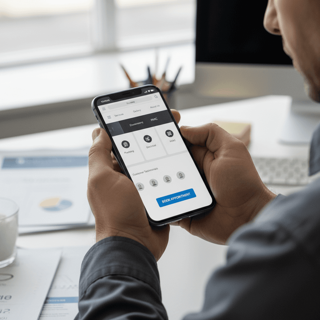 Small business owner holding smartphone showing responsive website design