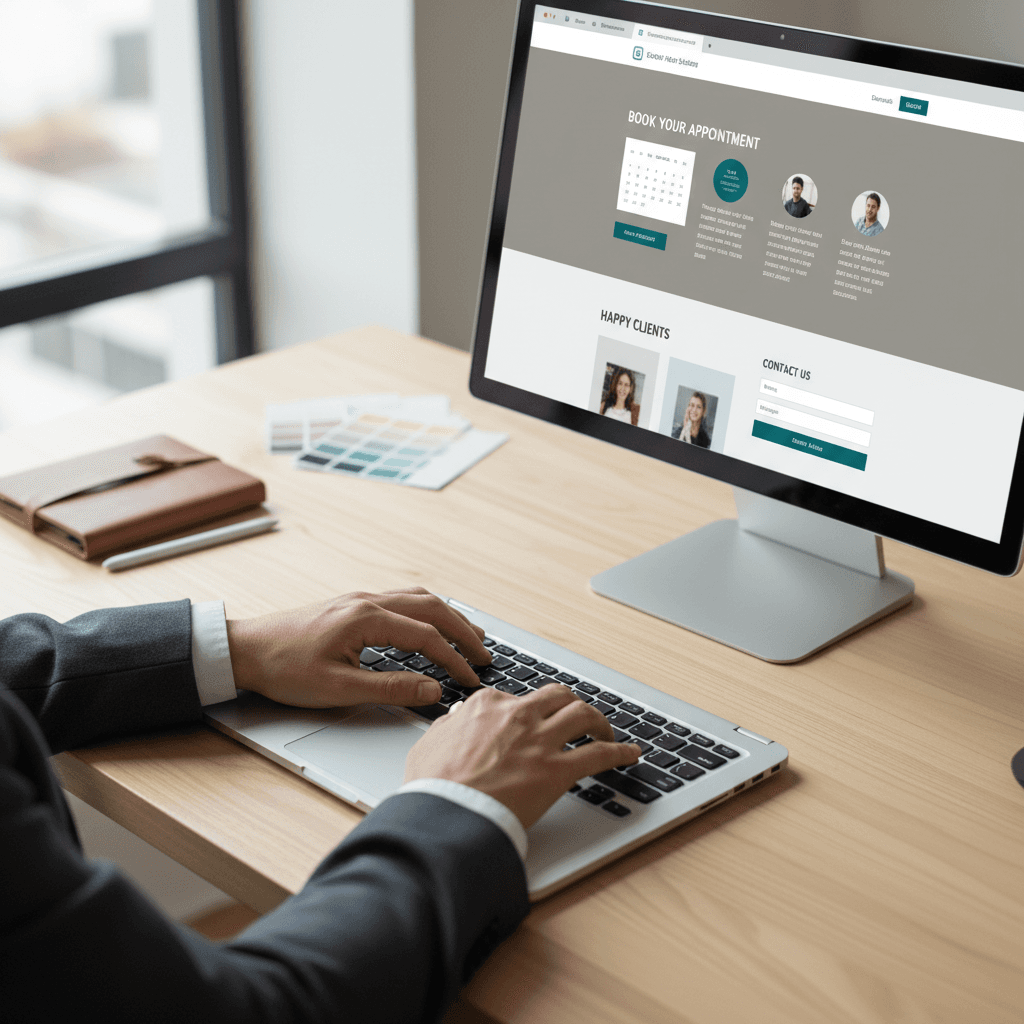 Service business website displayed on desktop monitor in professional office