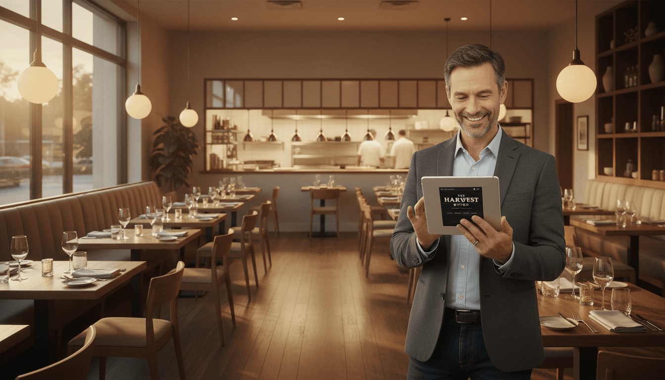 Restaurant owner reviewing their new website menu on a tablet